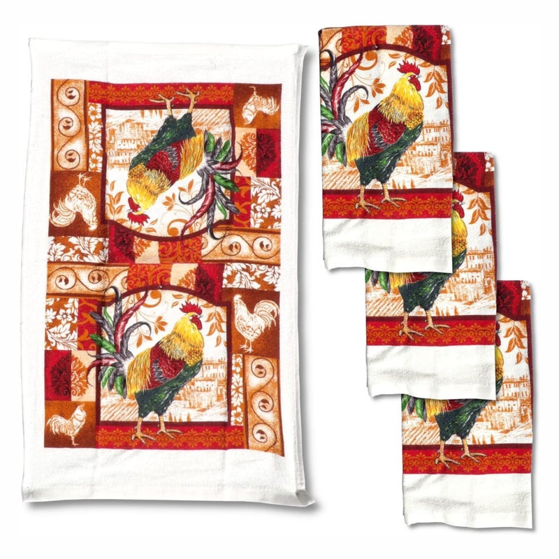Lobyn Value Packs â€“ 4-Pack Red Rooster Kitchen Towels, 15x25 Lightweight Cotton-Poly Blend, Absorbent Dish Towels with Farmhouse Country Design - Image 1